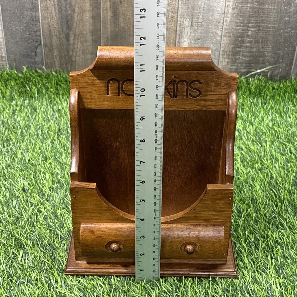 Vintage Woodcrest C Styson Wood Napkin Holder Organizer Drawers MCM Taiwan